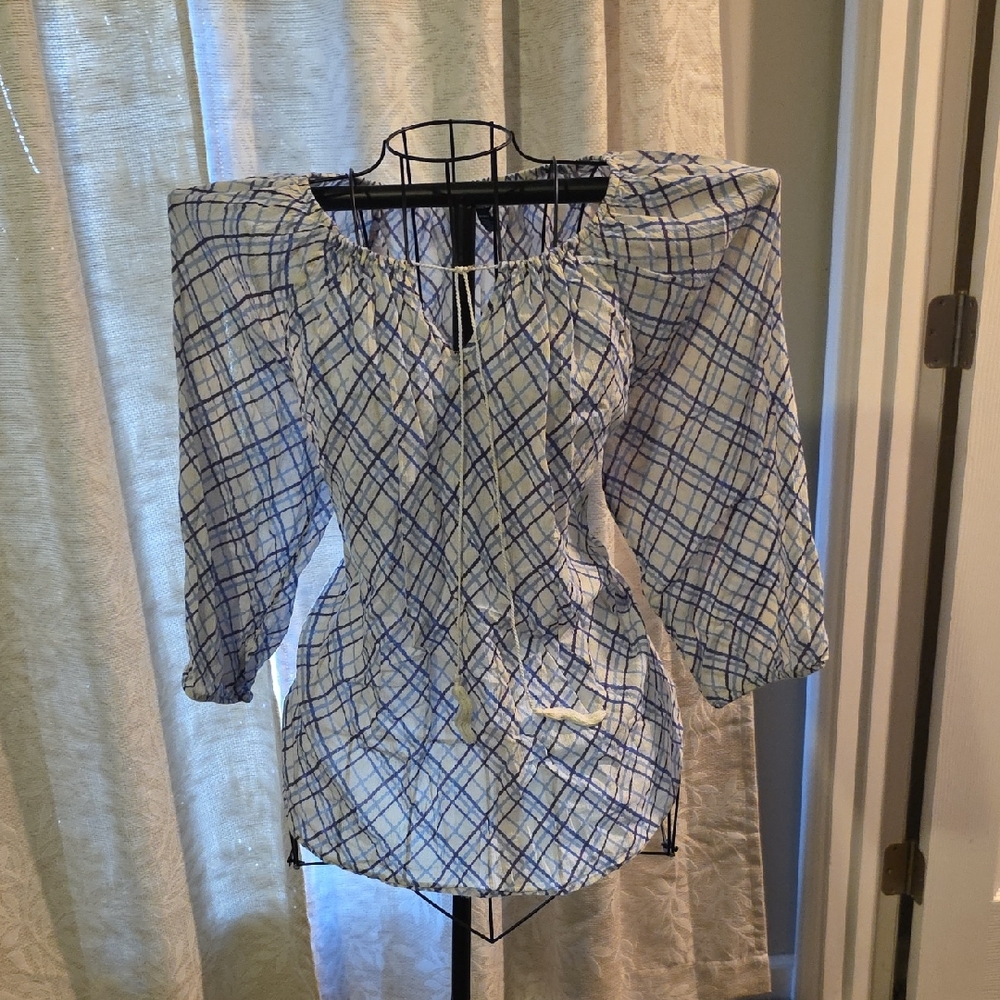 Chaps Women's White and Blue Checkered Blouse